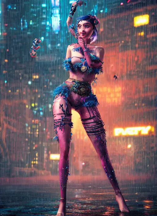 Image similar to An epic fantasy comic book style full body portrait painting of a very beautiful cyberpunk Hula Dancer in the rain, neon reflections in the rain puddles, character design by Mark Ryden and Pixar and Hayao Miyazaki, unreal 5, DAZ, hyperrealistic, octane render, cosplay, RPG portrait, dynamic lighting, intricate detail, cinematic