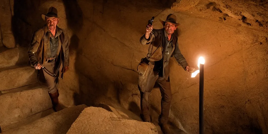 Image similar to Indiana Jones with a torch walking down a staircase into a dark Ancient Egyptian Sandstone tomb