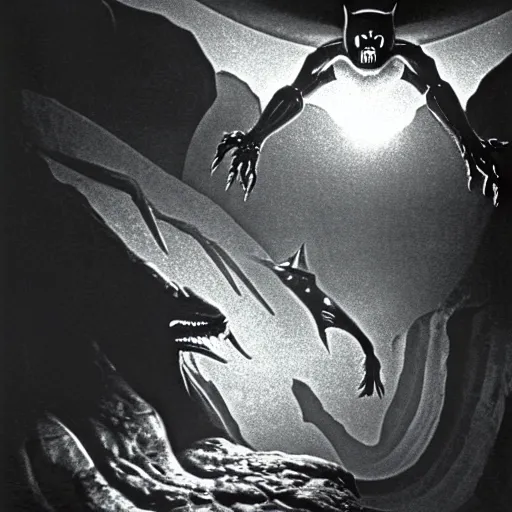 Image similar to a close - up, ultra detailed black & white studio photographic portrait of a loud screeching giant, bat - like creature flying towards you, you are exploring an alien planet and come across a strange, dark cave, dramatic backlighting, 1 9 7 3 photo from life magazine, by keith thompson, h. r. giger,