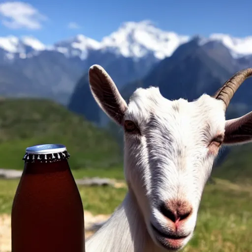 Prompt: a goat at the hairy feet of a half full beer bottle with the mountains in the background