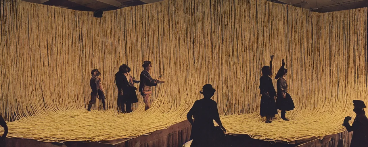 Image similar to hippies standing on a stage made of spaghetti protesting the war, 1 9 6 0's, muted, canon 5 0 mm, cinematic lighting, photography, retro, film, kodachrome
