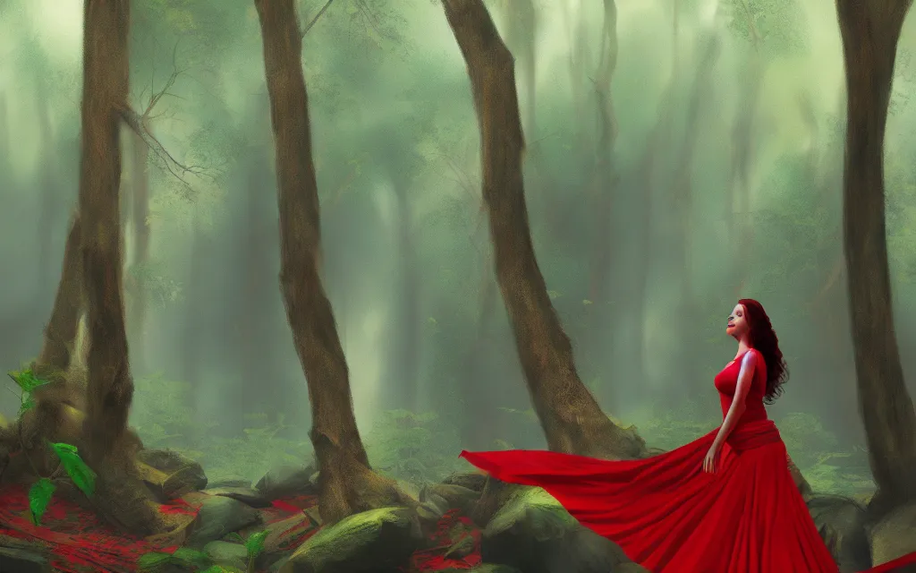 Prompt: a women in red saree floating in forest. trending in artstation, matte painting, illusionism