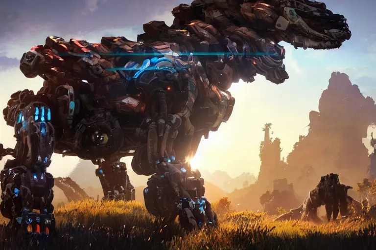 Image similar to snapmaw machine mecha animal beast robot of horizon forbidden west horizon zero dawn bioluminiscence global illumination ray tracing hdr fanart arstation by sung choi and eric pfeiffer and gabriel garza and casper konefal