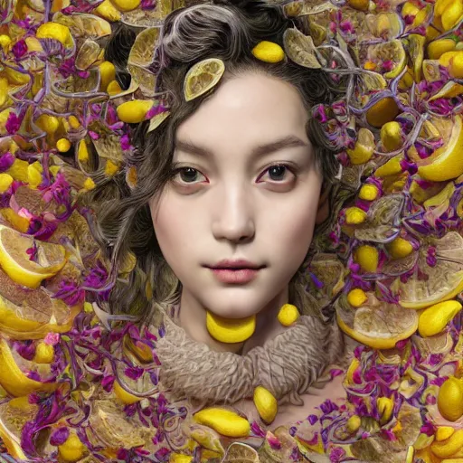 Image similar to the portrait of an absurdly beautiful, graceful, elegant, sophisticated, young idol made up of lemons, an ultrafine hyperdetailed illustration by kim jung gi, irakli nadar, intricate linework, bright colors, octopath traveler, final fantasy, unreal engine 5 highly rendered, global illumination, radiant light, detailed and intricate environment