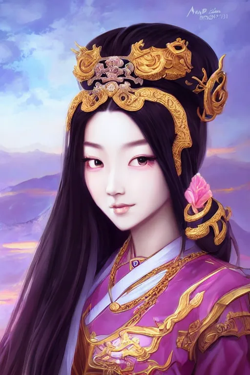 Image similar to a lovely and shiny young empress of qing dynasty, face by artgerm, ross tran, fuji choko, loish, 8 k resolution, attractive, symmetrical portrait, beautifully detailed landscape of ruin, trending on pixiv and pinterest, charming black eyes, luxury, perfect face, smooth, dreamlike