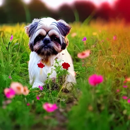 Prompt: shih tzu in a field full of flowers, photo realistic, with a sunset
