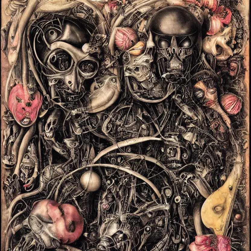 Image similar to post - punk new age album cover, asymmetrical design, alien, magic, apocalypse, psychedelic, highly detailed, black white pink, magic, giger h. r., giuseppe arcimboldo