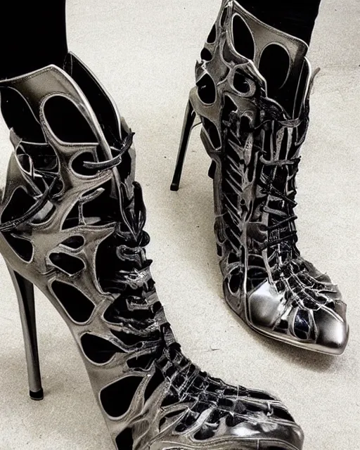 Image similar to stylish shoe design, killer boots, scorpions, spiders, high soles, battle shoes, metal, heavy metal rave shoes