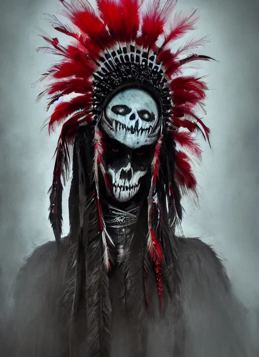 Image similar to the ghost - spirit of the grim - warpaint wears the scarlet skull armor and native blood headdress feathers, midnight fog - mist!, dark oil painting colors, realism, cinematic lighting, various refining methods, micro macro autofocus, ultra definition, award winning photo