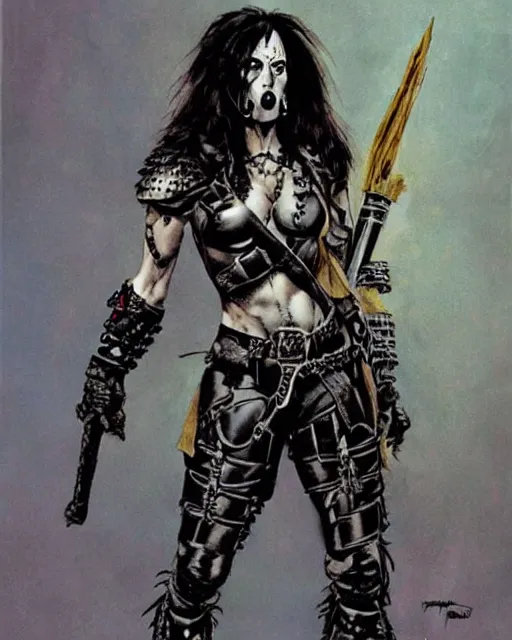 Prompt: portrait of kamala harris as a skinny punk goth soldier wearing armor by simon bisley, john blance, frank frazetta, fantasy, barbarian