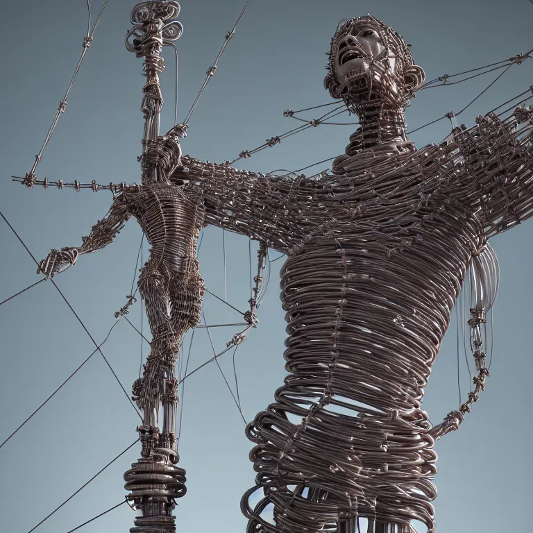 Prompt: biomechanical religious sculpture statue of jesus on cross made of wires cables tubes, cyberpunk, baroque painting, beautiful detailed intricate insanely detailed octane render, 8K artistic photography, photorealistic, chiaroscuro, Raphael, Caravaggio, lit by colorful pastel neon lights