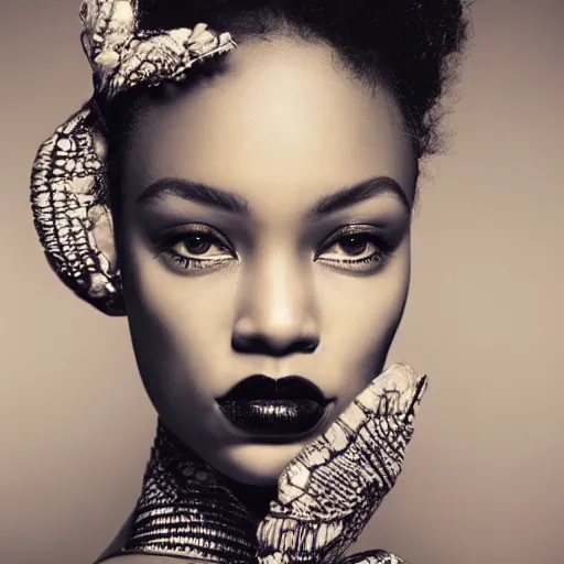 Image similar to black art, woman, beautiful, seductive, fashion editorial, realistic, intricate, detailed, sharp focus, photography, full body
