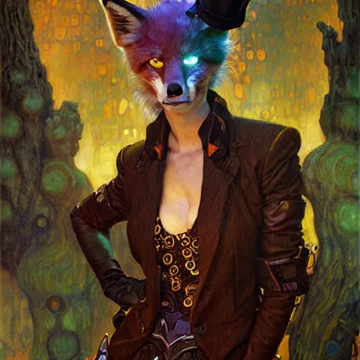 Image similar to portrait of a female fox in suit. shadowrun furaffiniy cyberpunk fantasy highly detailed painting by gaston bussiere craig mullins jc leyendecker gustav klimt artgerm greg rutkowski john berkey, bergey, craig mullins, ruan jia, raymond swanland, jeremy mann, tom lovell, alex malveda