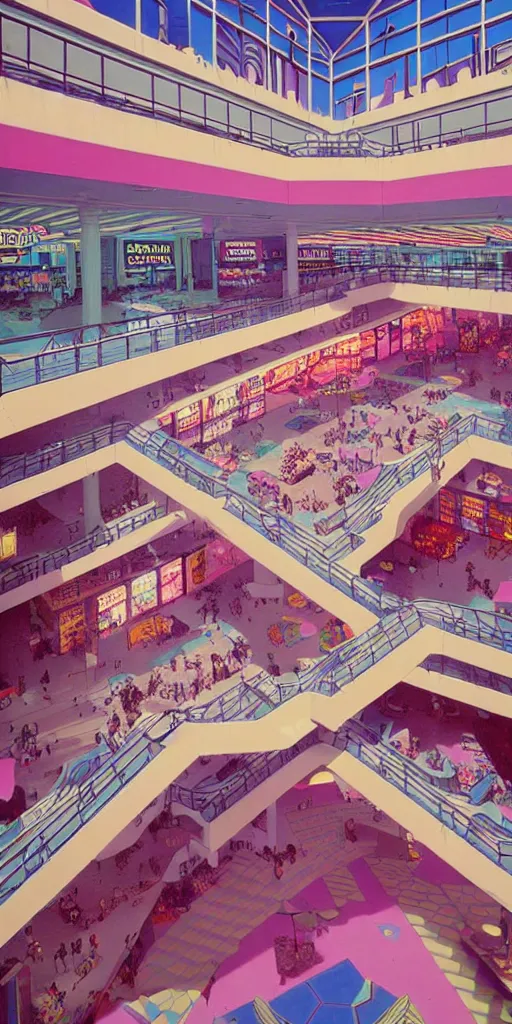 Prompt: huge sprawling gargantuan angular dimension of infinite indoor landscape 8 0 s mall interior. surrealism, mallsoft, vaporwave. muted colors, 8 0 s pop culture, food court, shot from above, endless, never - ending epic scale by escher and ricardo bofill