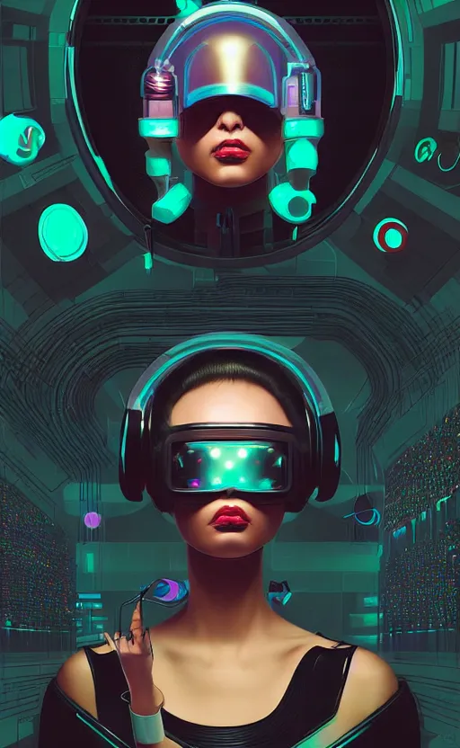 Image similar to portrait of a cyberpunk girl with futuristic helmet and with very tight black latex dress by Petros Afshar and Beeple, James Gilleard, Mark Ryden, Wolfgang Lettl highly detailed