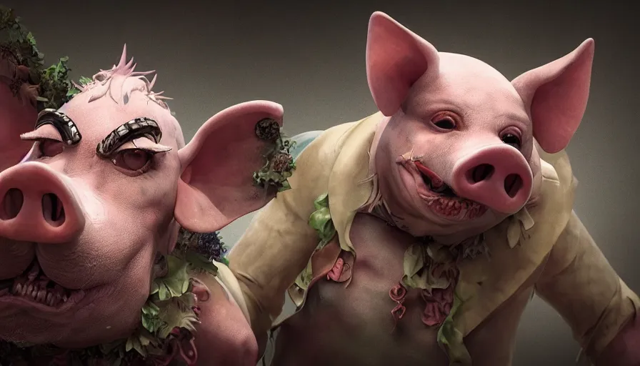 Prompt: hybrid of a happy pig and sad clown, beautiful detailed face, ultra realistic, concept art, intricate details, serious, highly detailed, photorealistic, octane render, 8 k, unreal engine.