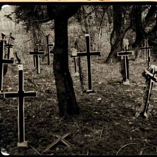 Image similar to occult sacrifice site, many crosses and effigies, taken with Polaroid camera with dark and dark ominous lighting