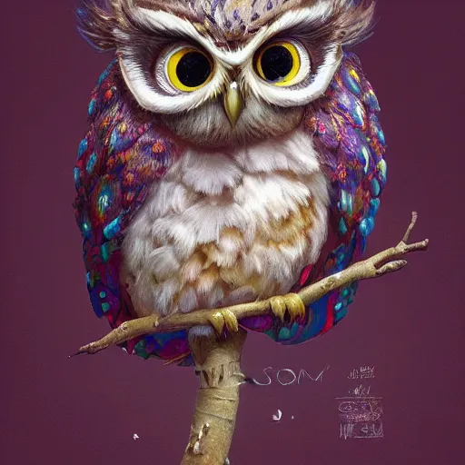 Image similar to medium close - up shot of a very cute and relaxed highly floral ornamented owl chick, by esao andrews, by m. w. kaluta, by yoshita amano, volumetric light, rich colors, natural lighting, very humorous!!!, smooth, depth perception, 4 k, unreal engine 5, artstation