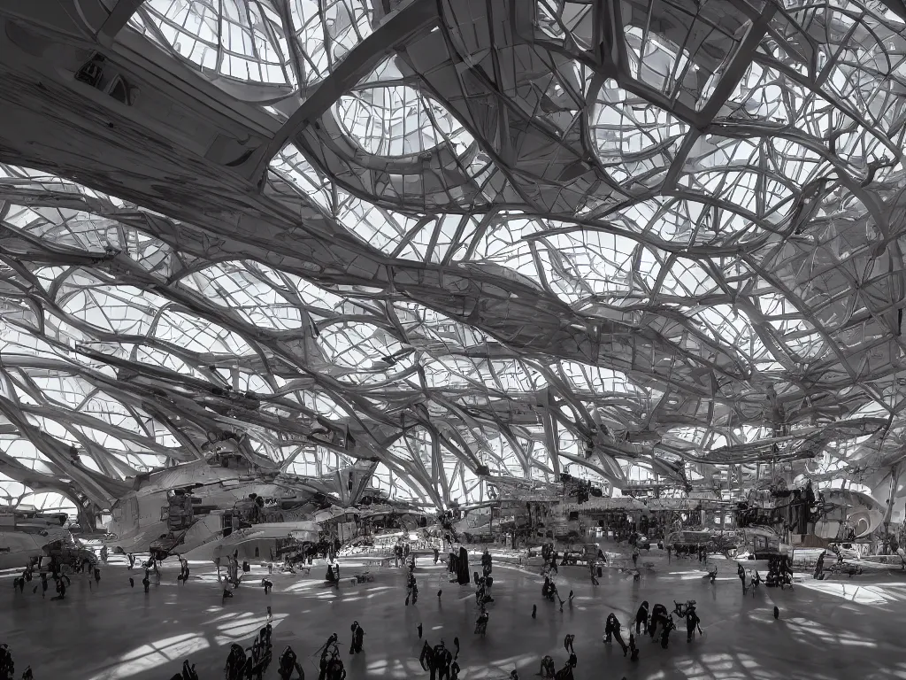 Prompt: a Photorealistic complex hyper detailed,hyper realistic bright interior atrium of a beautiful modern Mobile suit Mech Museum with huge Mechs on display by Santiago Calatrava,Beautiful dramatic moody tones and lighting,cinematic atmosphere,Octane Rendering,8K