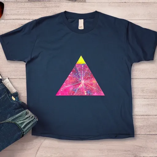 Image similar to photo of a t - shirt with a cool galactic print in a triangular pyramid shape on the chest in the style of maximalism, product photo