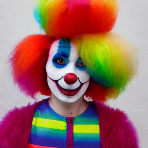 Image similar to ferret with clown makeup and rainbow clown wig