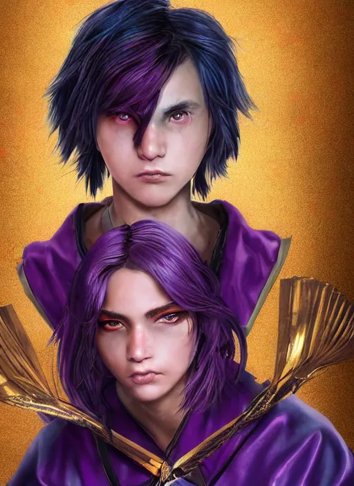 Prompt: An epic fantasy comic book style portrait painting of teenager boy with straight indigo hair, purple eyes with red eye markers, slim body, wearing a detailed Japanese kimono with golden armor pieces, holding a pair of fans. Unreal 5, DAZ, hyperrealistic, octane render, cosplay, RPG portrait, dynamic lighting