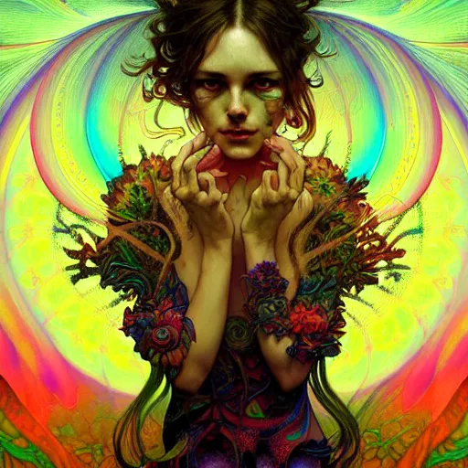 Image similar to An extremely colorful psychedelic experience, reality bending, magic mushrooms, psilocybin, LSD, face, detailed, intricate, elegant, highly detailed, digital painting, artstation, concept art, smooth, sharp focus, illustration, art by Krenz Cushart and Artem Demura and alphonse mucha