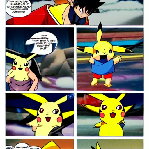 Image similar to pikachu fights against son goku in an arena