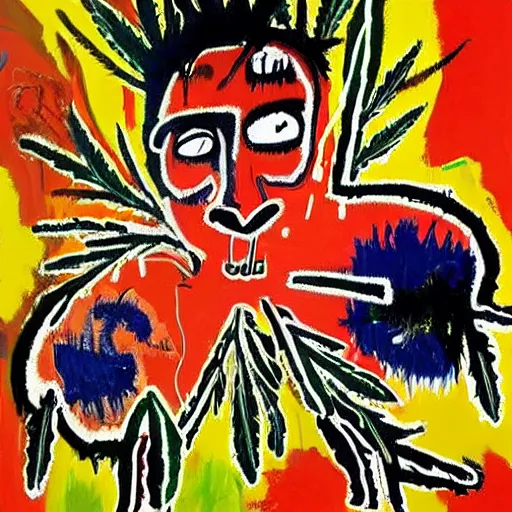 Prompt: Jean Michel Basquiat painting of beautiful psychadelic marijuana weed leaf, swirling corful smoke emerging from a pot leaf stoner Jean-Michel Basquiat