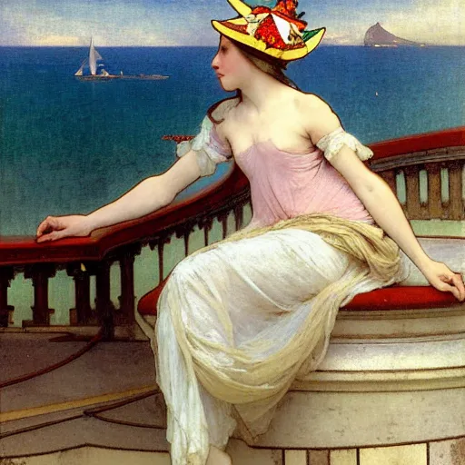 Prompt: A girl with jester hat and clothes on a greek archi circle on the front of a Balustrade with a beach and a sail boat on the background, major arcana clothes, by alphonse mucha and arnold böcklin arnold böcklin arnold böcklin, paul delaroche, hyperrealistic 8k, very detailed