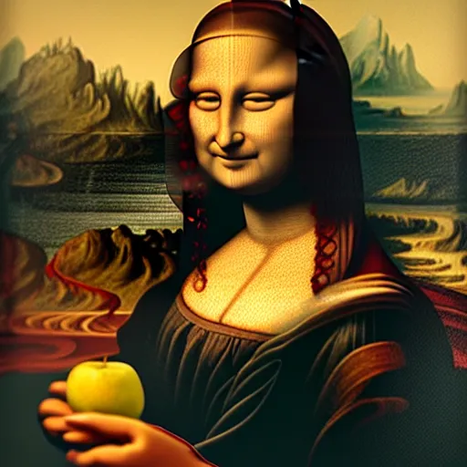 Image similar to epic portrait mona lisa eating an apple, beauty, pretty face, glossy skin, shiny, wet hair, digital painting, artstation, concept art, soft light, hdri, smooth, sharp focus, illustration, fantasy, intricate, elegant, highly detailed, D&D, matte painting, in the style of Greg Rutkowski and Alphonse Mucha and artemisia, 8k, highly detailed, jurgens, rutkowski, bouguereau, pastoral, rustic, georgic