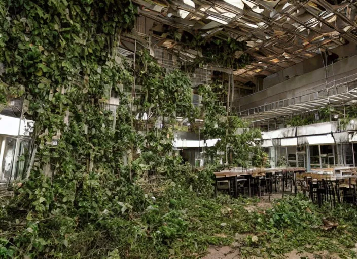 Image similar to a restaurant in an abandoned mall in the 1 9 8 0 s, taken over by nature, covered in vines
