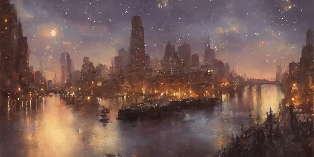 Prompt: stunning landscape painting of an city from 1 9 0 0 with stars in the sky by krenz cushart