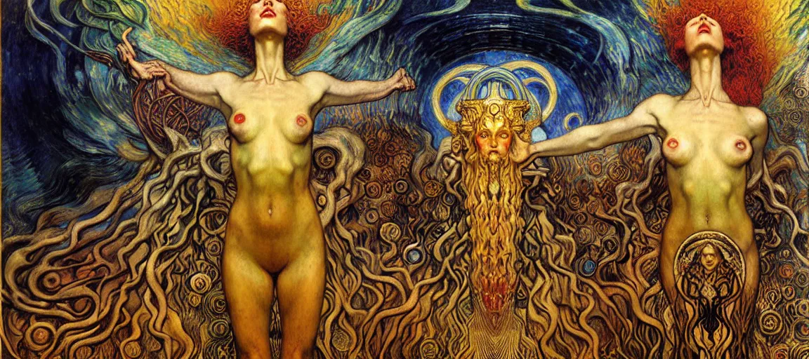 Image similar to Divine Chaos Engine by Karol Bak, Jean Delville, William Blake, Gustav Klimt, and Vincent Van Gogh, symbolist, visionary