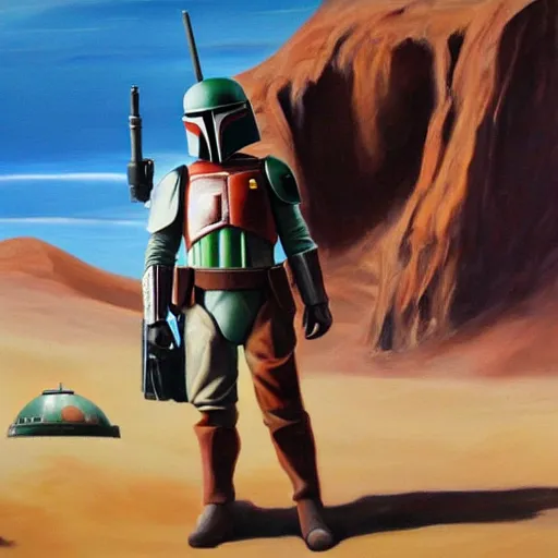 Image similar to Boba Fett looking at a giant cliff on Tatooine, oil painting