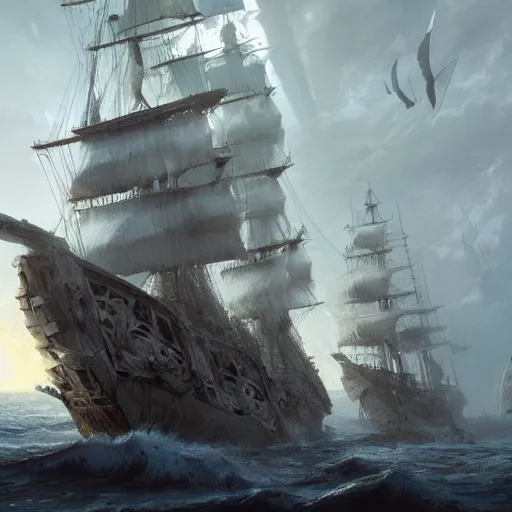 Image similar to detailed white pirate ship with large feathered wings by greg rutkowski, enigmatic atmosphere, beautiful and cinematic lighting, artstation hq.