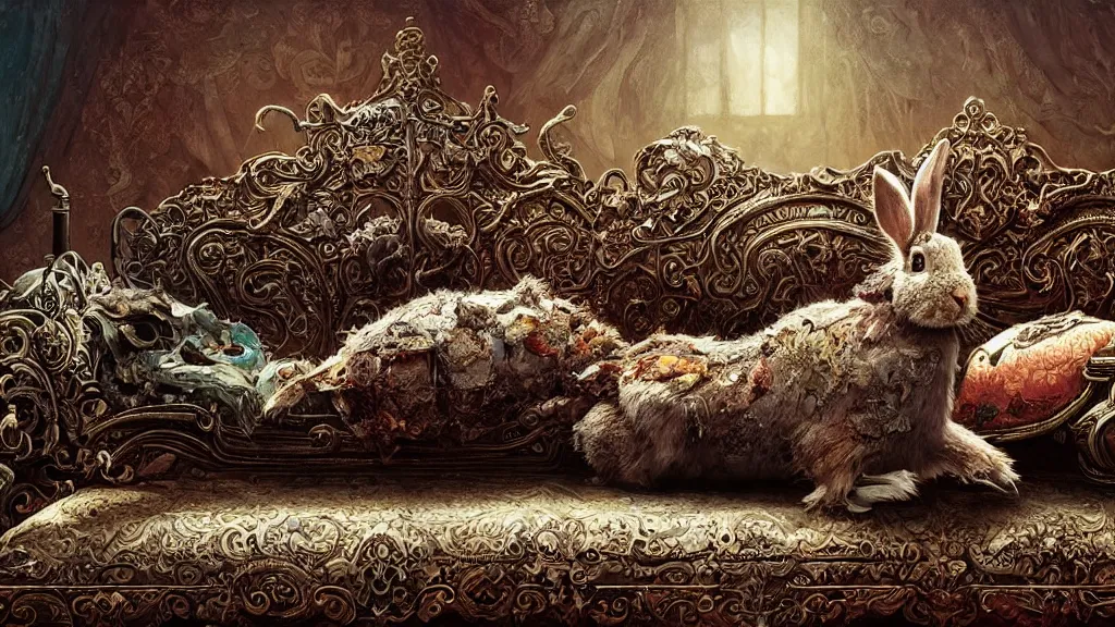Prompt: a dead rabbit sitting on an ornate victorian couch made out of decomposing animals, intricate, detailed, volumetric lighting, sharp focus, photorealism, digital painting, highly detailed, concept art, by roger dean and simon stalenhag and mark brooks