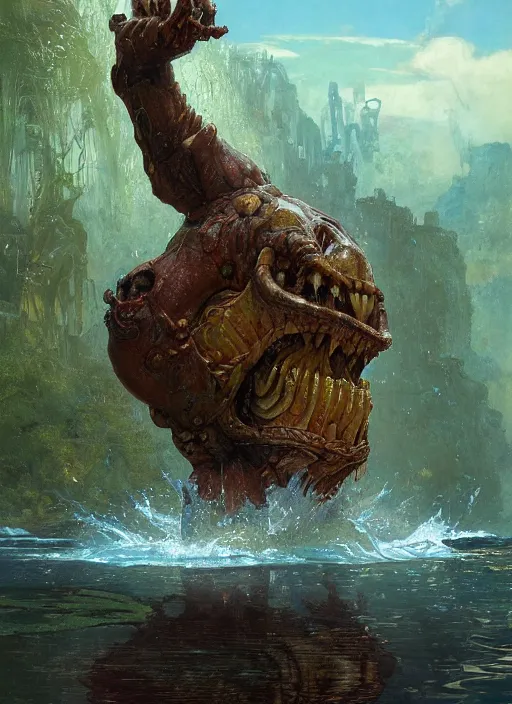 Image similar to huge towering alien brute beautiful demon emerging from lake on sunny day, splashing, partially submerged, water cascading, by sergey kolesov and lawrence alma tadema and norman rockwell and greg staples and craig mullins and john berkey and ruan jia, artstation creature art