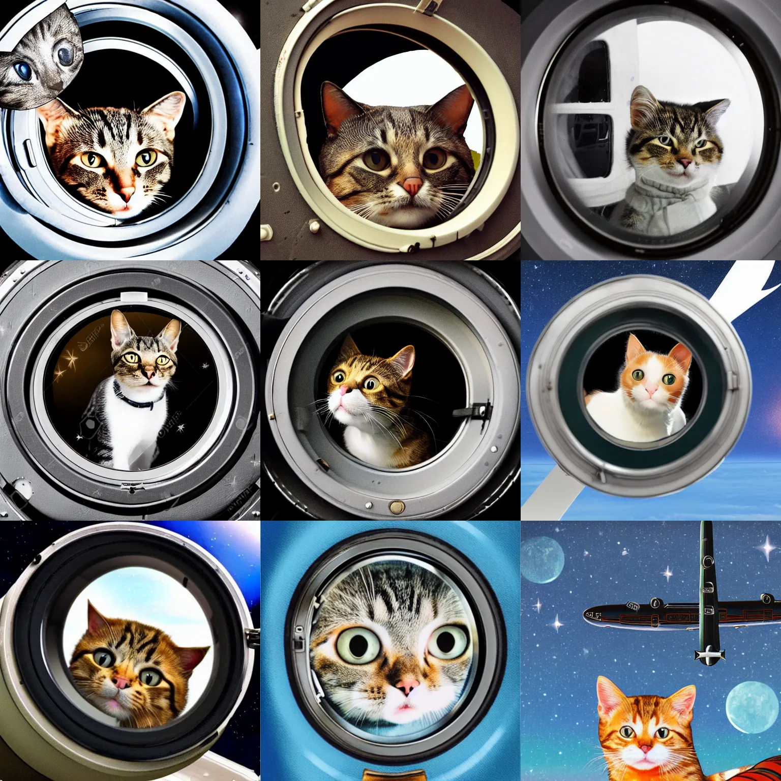 Prompt: The cat looks out of the porthole with his back to me, background is plane in space, stylistic, cute