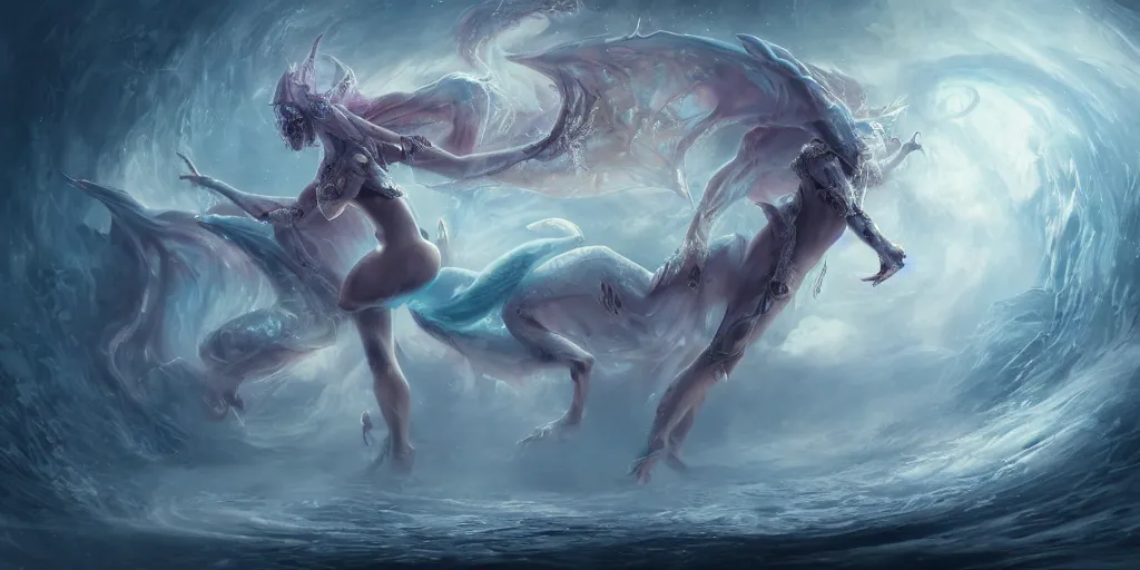 Prompt: concept art of translucent glowing curvy demon dancing booty, flowy, melting, round moons, rich clouds, very detailed, volumetric light, mist, fine art, textured oil over canvas, dragons, epic fantasy art, very colorful, ornate intricate scales, skulls, fractal gems, 8 k, hyper realistic, high contrast, yuji moriguchi