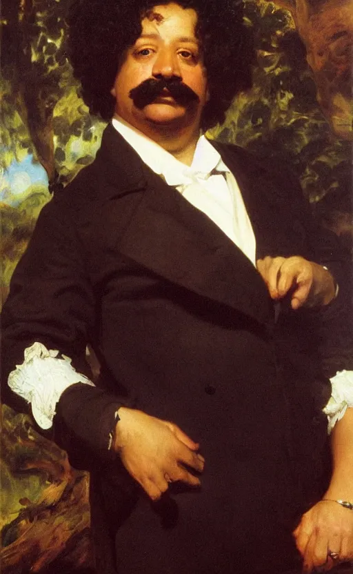 Image similar to Portrait of Alexandre Dumas, oil on canvas, highly detailed, high contrast, by Franz Xaver Winterhalter, Henry Ossawa Tanner, Anthony van Dyck, 8k