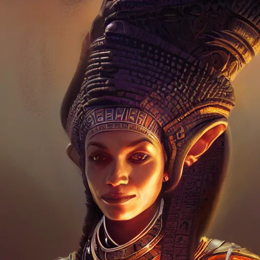 Image similar to highly detailed portrait of sekhmet the egyptian goddess, intricate alien technology, stephen bliss, unreal engine, fantasy art by greg rutkowski, loish, rhads, ferdinand knab, makoto shinkai and lois van baarle, ilya kuvshinov, rossdraws, tom bagshaw, global illumination, radiant light, detailed and intricate environment