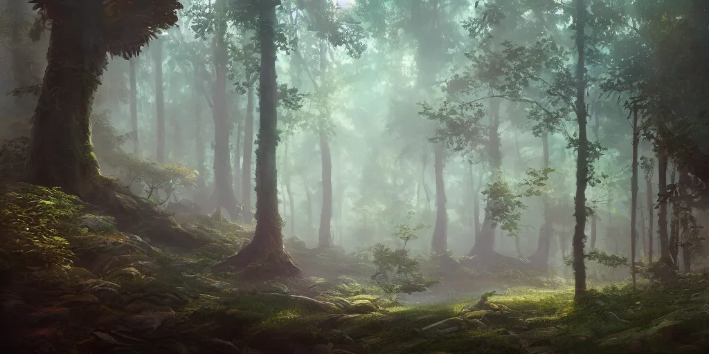 Prompt: a forest, highly detailed oil painting, Studio Ghibli, Jessica Rossier, digital art, octane render, gorgeous lighting, beautiful composition, trending on artstation, masterpiece