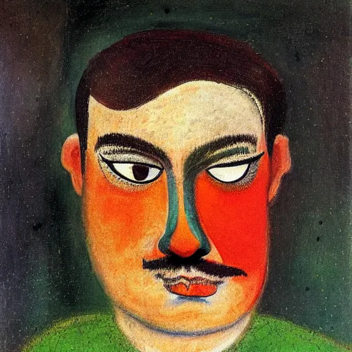 Image similar to A beautiful print of a man that has been pushed too far. A portrait of a man with a thousand-mile stare, whose soul has been replaced by a void. Tumblr, impressionism by Joan Miro, by Margaret Olley mild