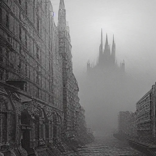 Image similar to dieselpunk city pollution river fog hanging wires cathedral in the style of gustave dore photograph color dreamlike hatching high detailed perspective wide angle