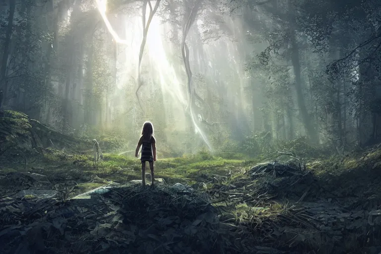 Image similar to the great beyond, sci - fi scene future new york, little girl holding a hand of a big robot, forest punk, crepuscular rays, epic scene, hyper realistic, photo realistic, overgrowth, cinematic atmosphere, ethereal lighting, in the style of john waterhouse