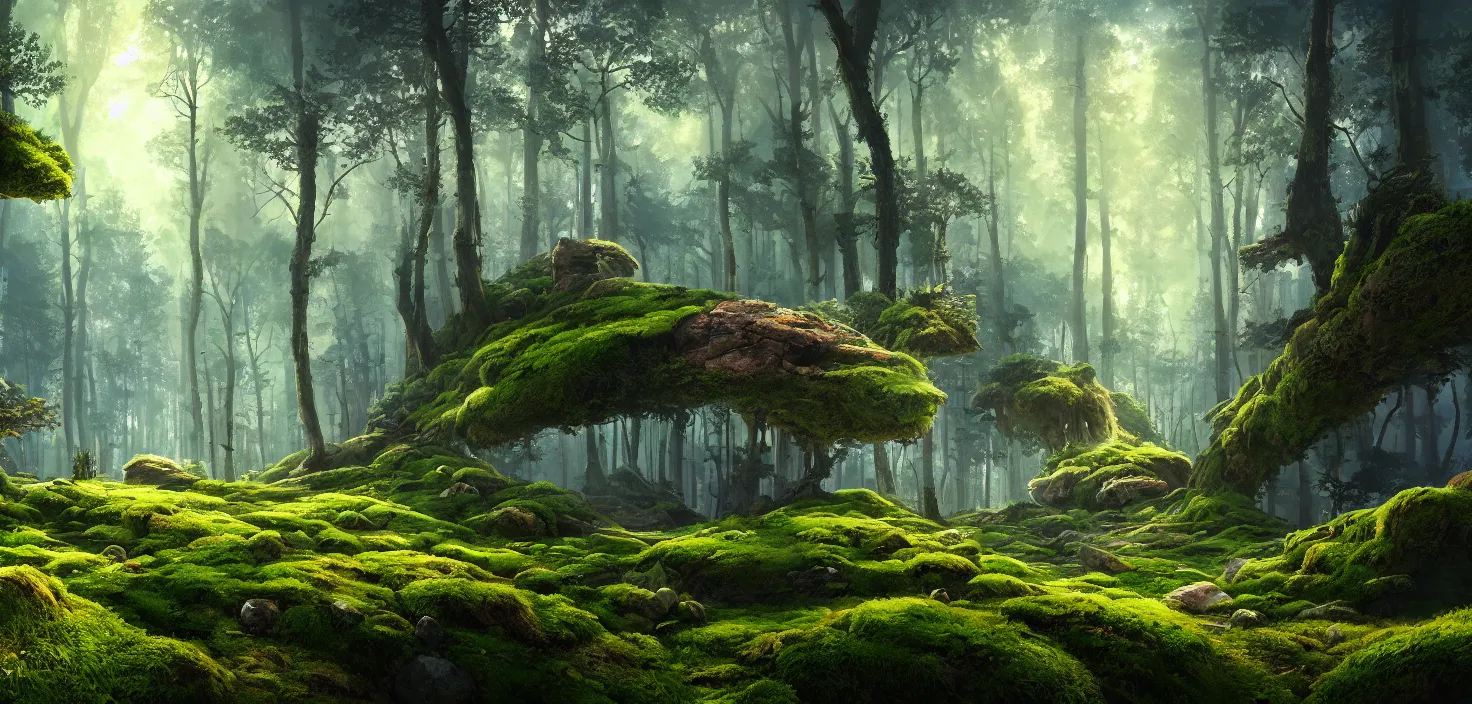 Image similar to random forest landscape, moss and blue sky, incredible, vector art, octane render, fabulous, hyper detailed, random cinematic view, no noise, global illumination, warm lighting, volumetric, godrays, vivid, beautiful, style jordan grimmer and toni infante