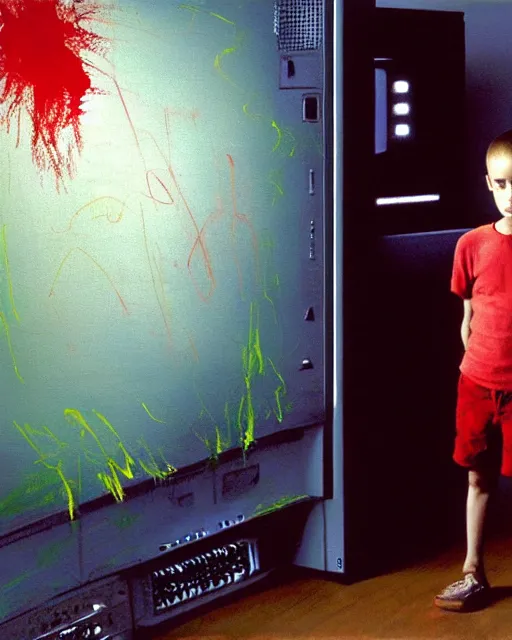 Image similar to an 8 years old enlightened and scared boy standing in front of an old computer from 90s with a game doom2 at the monitor screen painted by Adrian Ghenie and Willem de Kooning and Cy Twombly, still from a movie by Gaspar Noe and James Cameron. expressive acrylic flowing smudged painting