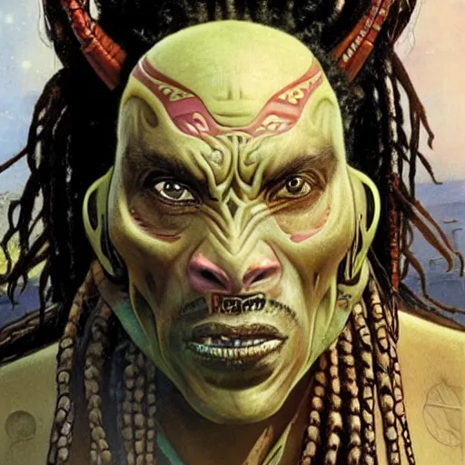 Image similar to Maori Tlingit Klingon with forehead crest and dreadlocks, alien bestiary by Greg Rutkowski, Wayne Barlowe, and Alphonse Mucha