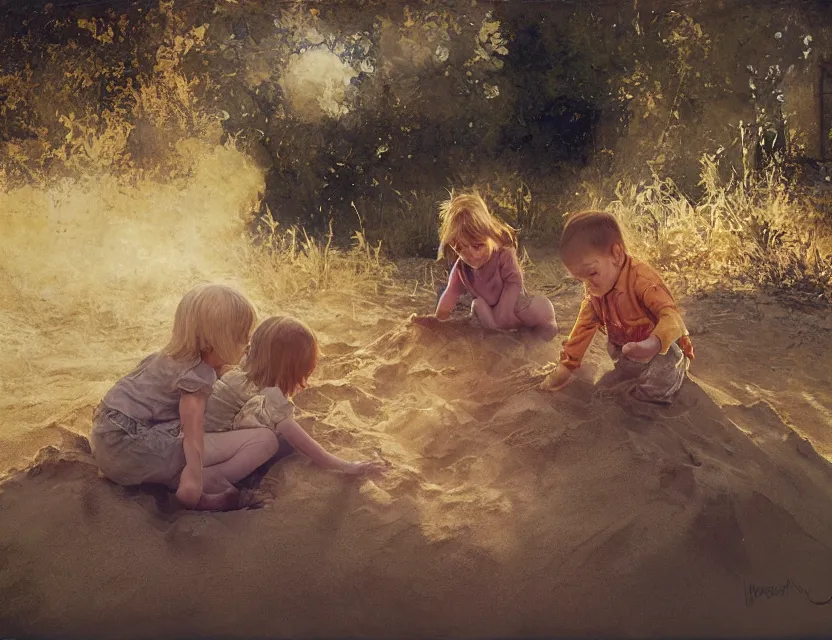 Prompt: 2 kids playing in a sandbox, golden hour, bleach bypass, warm tones, beige colors, sunlight, digital 2 d, polaroid, high - key lighting, by lisa yuskavage, by serov valentin, by krenz cushart